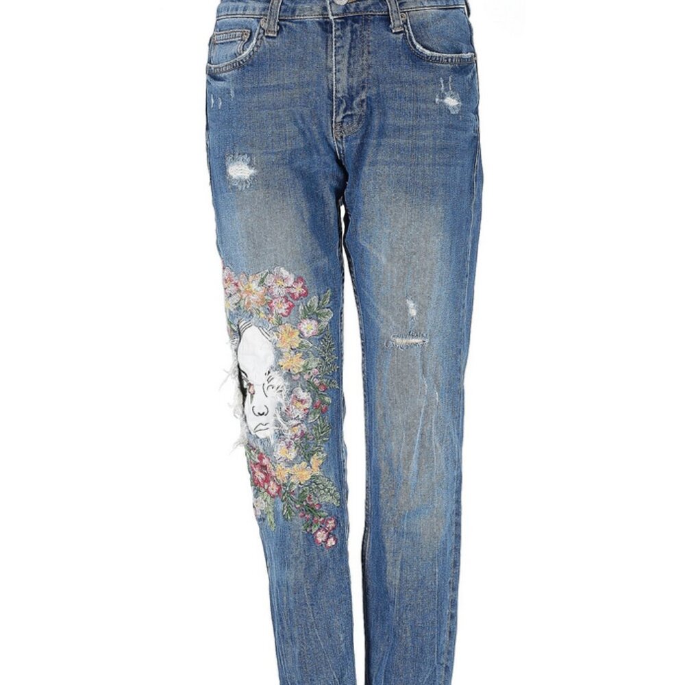 👖 Zara Art Embroidered Jeans Woman’s Face & Floral Boho Vintage 26 waist